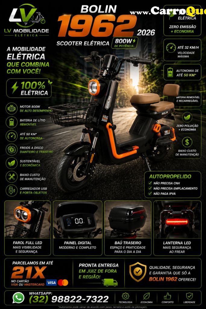 BOLIN   SCOOTER MOTO ELÉTRICA 1962 BOLIN 800W   VERMELHO 2026 1000W ELÉTRICO - Loja
